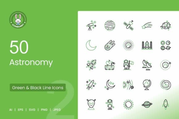 50 Astronomy Green & Black Icons for Modern Design