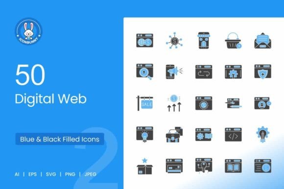 50 Digital Web Blue & Black Icons for Modern Design