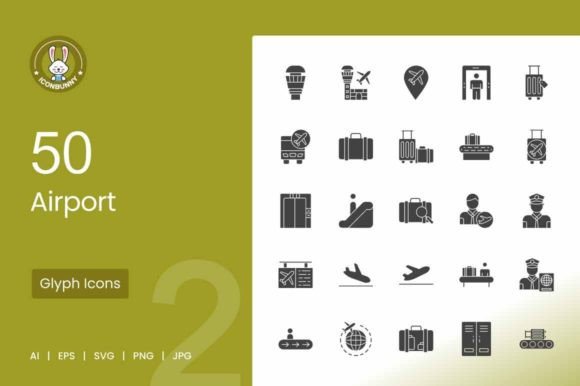 Streamline Travel Projects with 50 Airport Glyph Icons